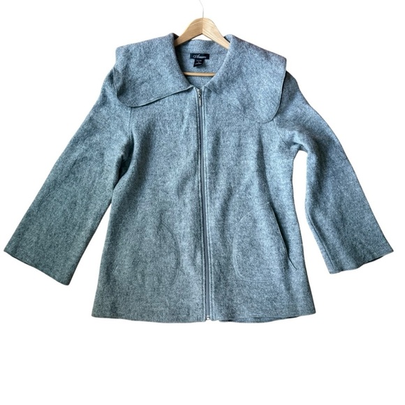 Amoxe 100% Wool Gray Coat L Timeless Peter Pan Collar Elegant Warm Outerwear - Picture 2 of 11